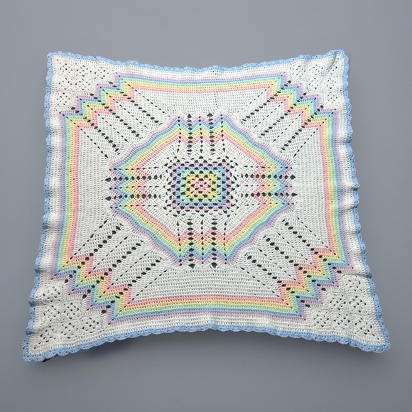 Handmade Other - Vtg 80s Pastel Rainbow Crochet Baby Blanket Afghan Geometric Grandmacore 30x30